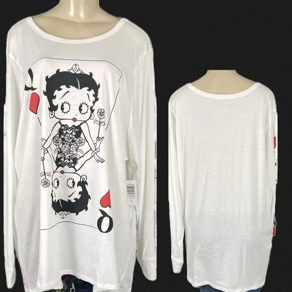 Betty Boop +5 White Crew Queen Of Hearts Playing Card Graphic Long Sleeve Tee - Picture 1 of 6